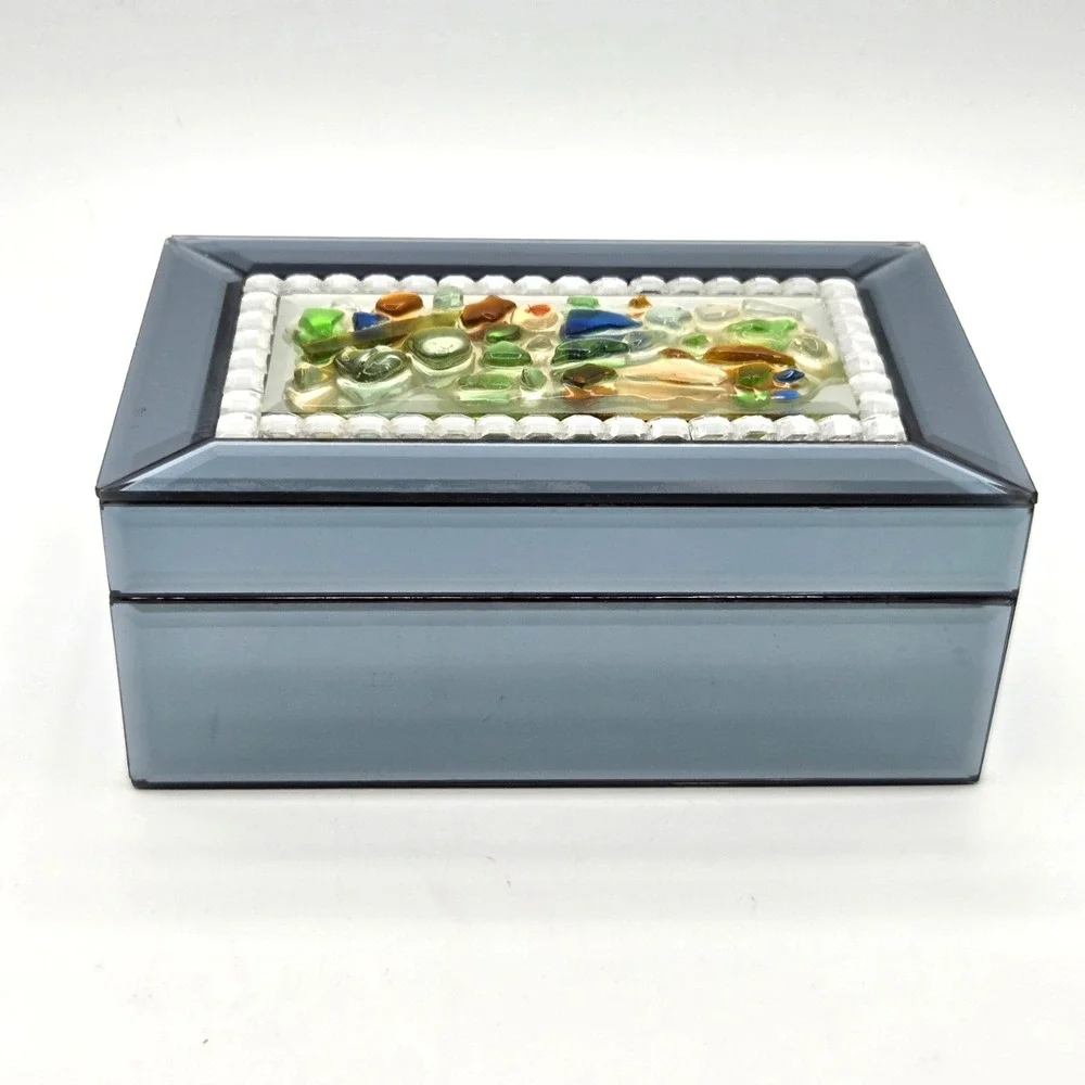 Vintage Mirrored Hinged Jewelry Box Beveled Edges with Mosaic Mixed Glass Pieces